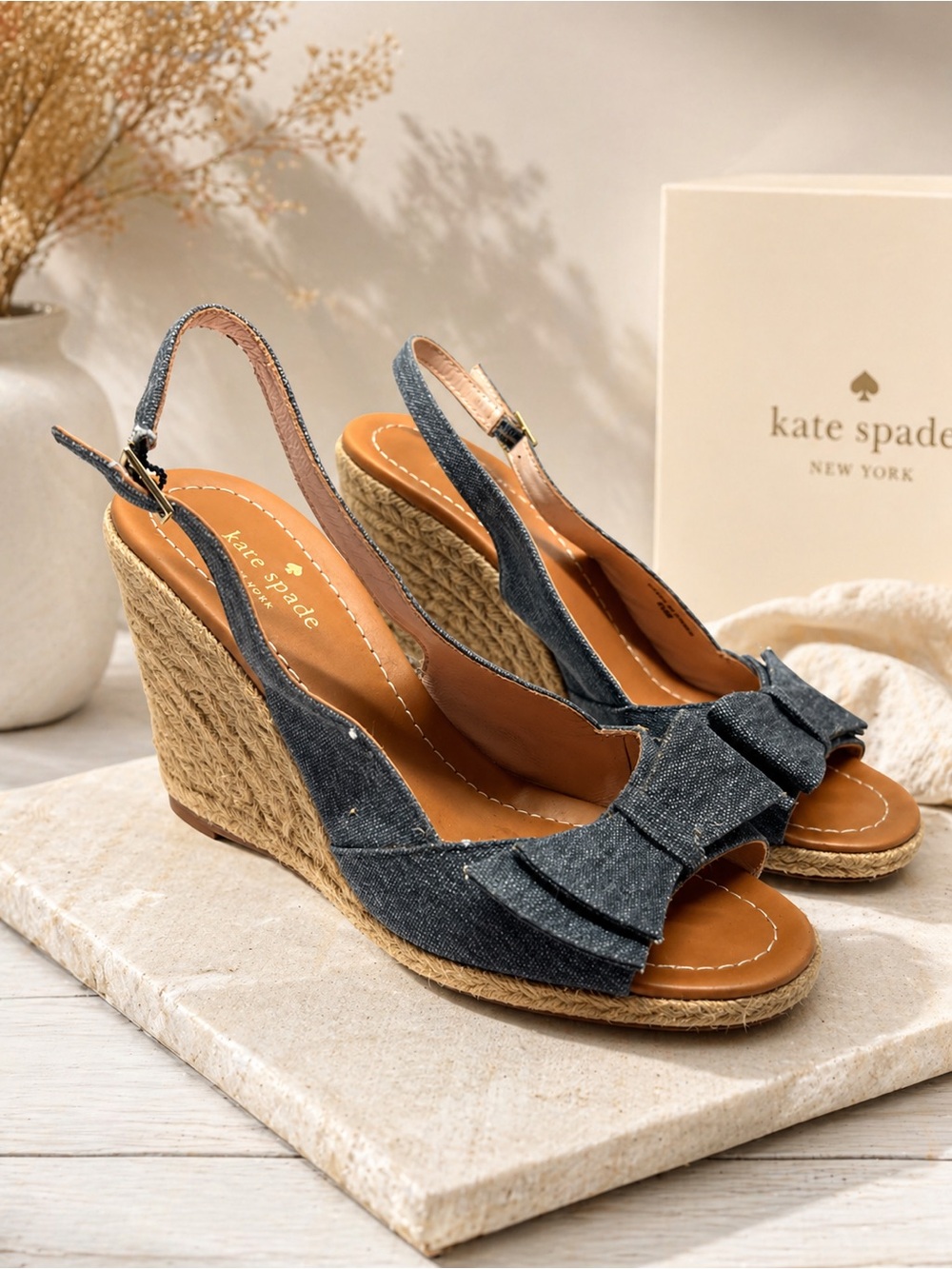 Kate Spade Jaden Chambray Wedge Sandals Bow Espadrille Size 8.5M